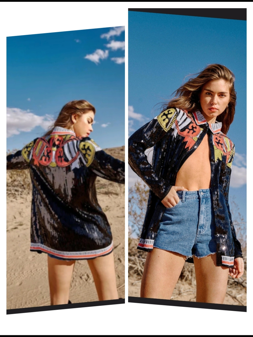 Nasty Gal Black Sequin Button-Down Shirt with Multicolor Embroidered Yoke